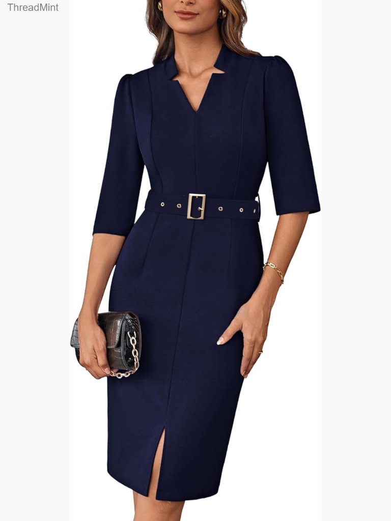 Women's 3/4 Sleeve V Neck Bodycon Sheath Work Dress With Belt